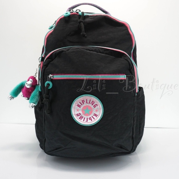 Kipling Seoul Backpack Laptop Travel Bag KI4215 Polyester Rainbow Fun Jet Black - Picture 1 of 13